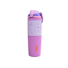 A Lavender Owala water bottle with a lavender label showing product features, set against a plain white background.
