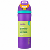 A purple Owala insulated water bottle with a bright lime green label and a purple, teal, and orange flip-straw lid, shown on a plain white background.