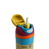 A close-up of a colorful Owala water bottle lid with a yellow flip-up straw cap, blue and purple body sections, an orange band, and a beige lower section on a white background.