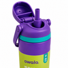 A close-up of an Owala water bottle with a purple flip-top lid and teal band, showing part of the lime green bottle body with the Owala logo.