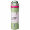 An Owala insulated water bottle with a Olive green body, a pink band around the middle, and a gray lid with a green flip-top straw. A lavender label wraps around the center with text about leak proof and insulated features.