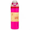 A 32 oz Owala water bottle in a vibrant hot pink color, featuring a beige and red flip-top lid with instructional labels, and a tan label on the front.