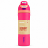 A  pink Owala insulated water bottle with a beige wrap label and a matching pink lid, shown on a clean white background.