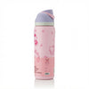 A pink insulated water bottle with Hello Kitty and Kitty Cat illustrations, featuring a lavender lid and a pink carrying loop, on a white background.