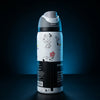 A 500ml insulated water bottle with a Snoopy-themed design, featuring Snoopy illustrations and a black band with text, set against a dark blue gradient background.