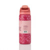 A pink water bottle with a matching pink flip-top lid, featuring a floral pattern and a light pink label on the side, shown against a plain white background.
