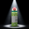A 32 oz Owala insulated water bottle with a light green body, white daisy pattern, and a pink-and-white flip-top lid, centered under a dramatic spotlight on a black background.