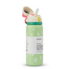 A light green Owala water bottle with a white daisy pattern, featuring a white label with text and a flip-top lid with a pink loop strap and white straw, on a white background.