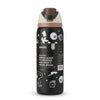 A black Owala insulated water bottle with white graphic illustrations and text, featuring a brown and off-white flip-top lid, shown on a plain white background.