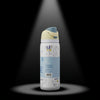 A white insulated water bottle with a light blue and pale yellow flip-top lid, decorated with cute cartoon duck illustrations, shown on a black background with a spotlight effect.