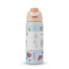 A light blue Owala insulated water bottle with a peach-colored flip-top lid, decorated with food and floral illustrations on a white background.