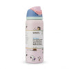 A 32 oz Owala insulated water bottle featuring a light pink body with Snoopy illustrations, a white paper label with text, and a lid in pastel blue and pink.