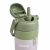Close-up of an Owala insulated water bottle with a light Olive green lid and handle, shown with the flip-top lid open on a white background.
