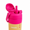 A close-up of an Owala water bottle with a bright pink flip-top lid and straw, featuring a gold-colored insulated body on a white background.