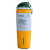 An Owala leak-proof insulated water bottle with a bright yellow body, a dark green lid, and a white carrying loop, shown on a plain white background.