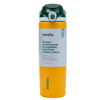 An Owala insulated water bottle with a bright yellow body, a dark green lid, and a light gray label featuring a humorous text quote.