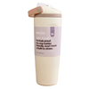 An Owala insulated tumbler in cream with a lavender label and a blush pink straw lid, shown on a plain white background.