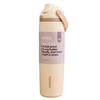 An Owala 24 oz insulated water bottle with a built-in straw, featuring a warm cream body, a dusty lavender label with black text, and a matching cream lid with a tan loop handle, set against a plain white background.