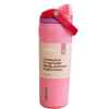 A pink Owalo insulated water bottle with a red flip-top lid and a beige wrap label that reads 'Hello, friend. I'm leak proof.