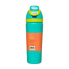 A 32 oz Owala water bottle with a bright blue body, a tan label, and a multi-colored lid featuring yellow, orange, and purple sections.