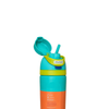 A close-up of a colorful Owala water bottle lid with a yellow flip-up straw cap, a blue collar, an orange band, and a purple top section on a white background.