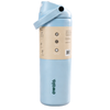 A light blue Owala insulated water bottle with a beige paper label wrapped around the middle, featuring the brand name 'owala' printed in dark green near the bottom.