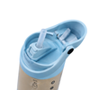 Close-up of a water bottle lid with a light blue flip-top straw cover and a beige bottle body on a white background.