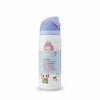 A white Awala insulated water bottle with a light blue and lavender flip-top lid, featuring a cute cartoon bunny illustration and a light blue label with pink text.